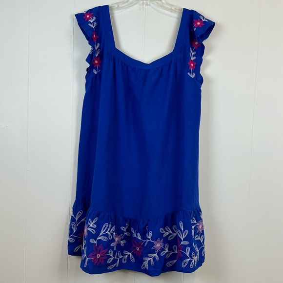 Loft Linen Cotton Floral Embroidered Ruffle Square Neck Swing Dress - Picture 3 of 9